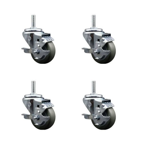 3 Inch Gray Polyurethane Wheel Swivel 34 Inch Threaded Stem Caster Set with Brake SCC